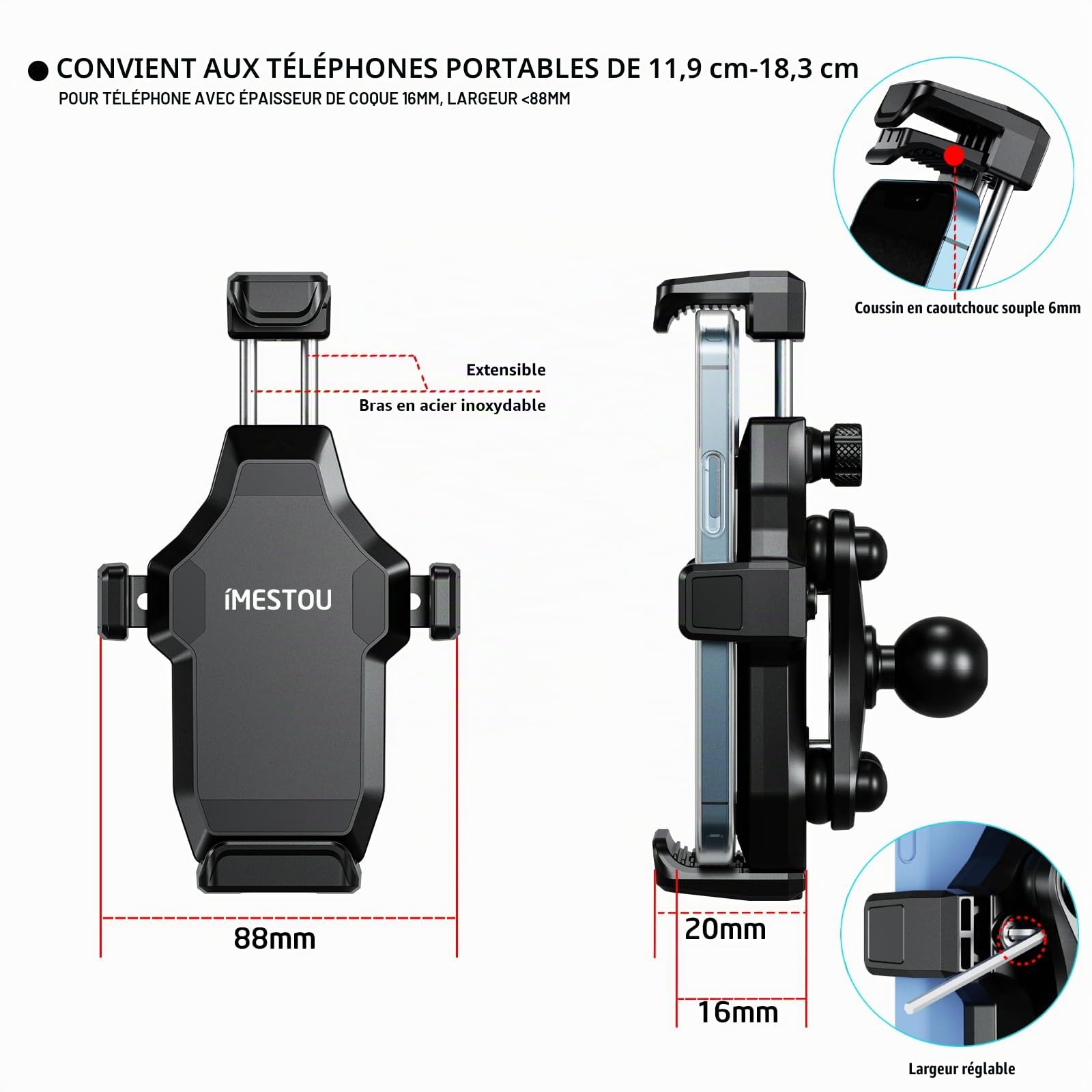 iMESTOU Anti-Vibration Téléphone Moto Mount 1 "Ball Handlebar Bike Mobike Holder Anti-Theft 360 ° de Rotation Universellement Compatible avec 4,7 "-7,2" Smartphones Max. 20mm d'épaisseur