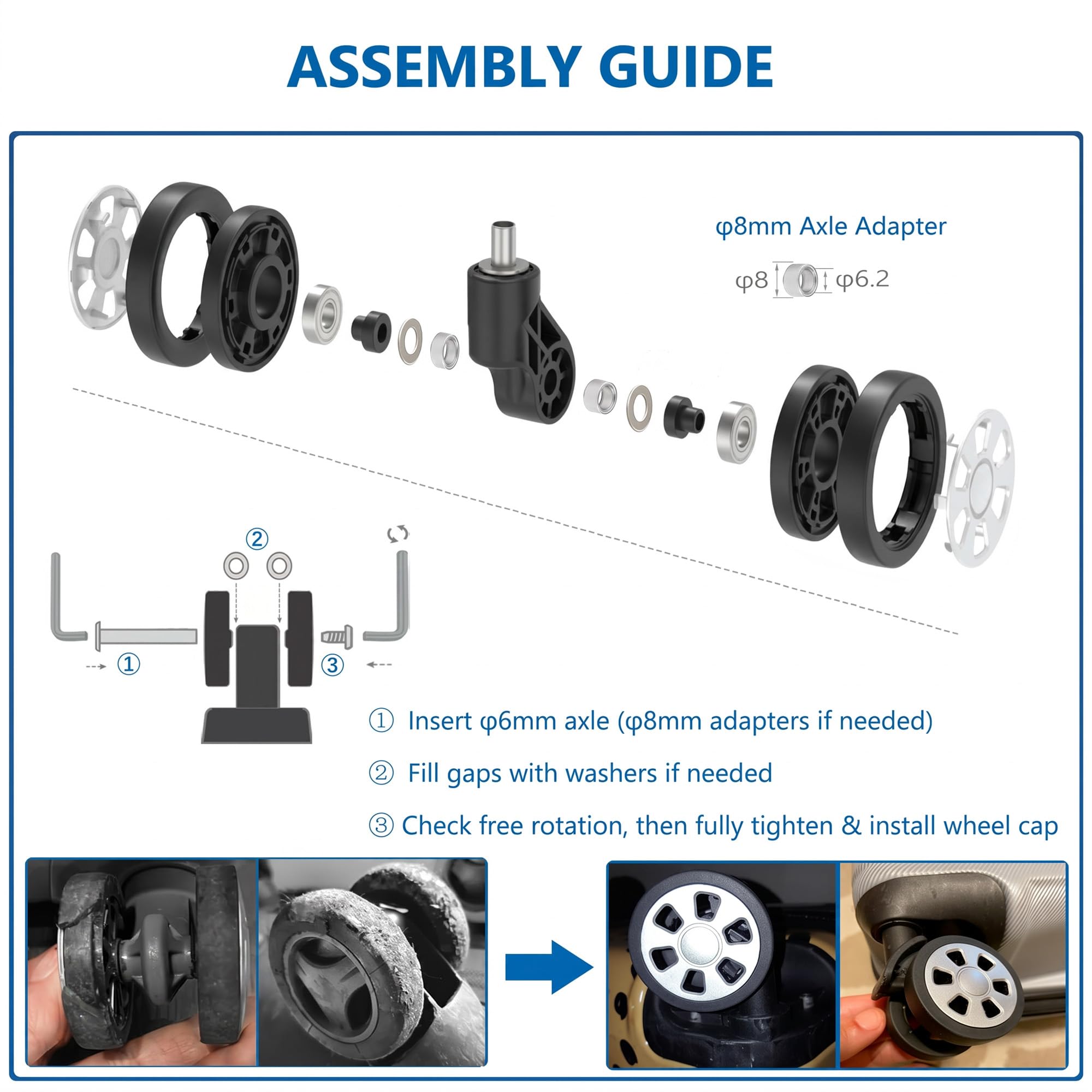 Ruedas de equipaje de repuesto de 55 mm, ruedas giratorias silenciosas de TPU con rodamientos, kit de reparación completo para maleta giratoria estándar, bolsa de carrito, barra de tracción