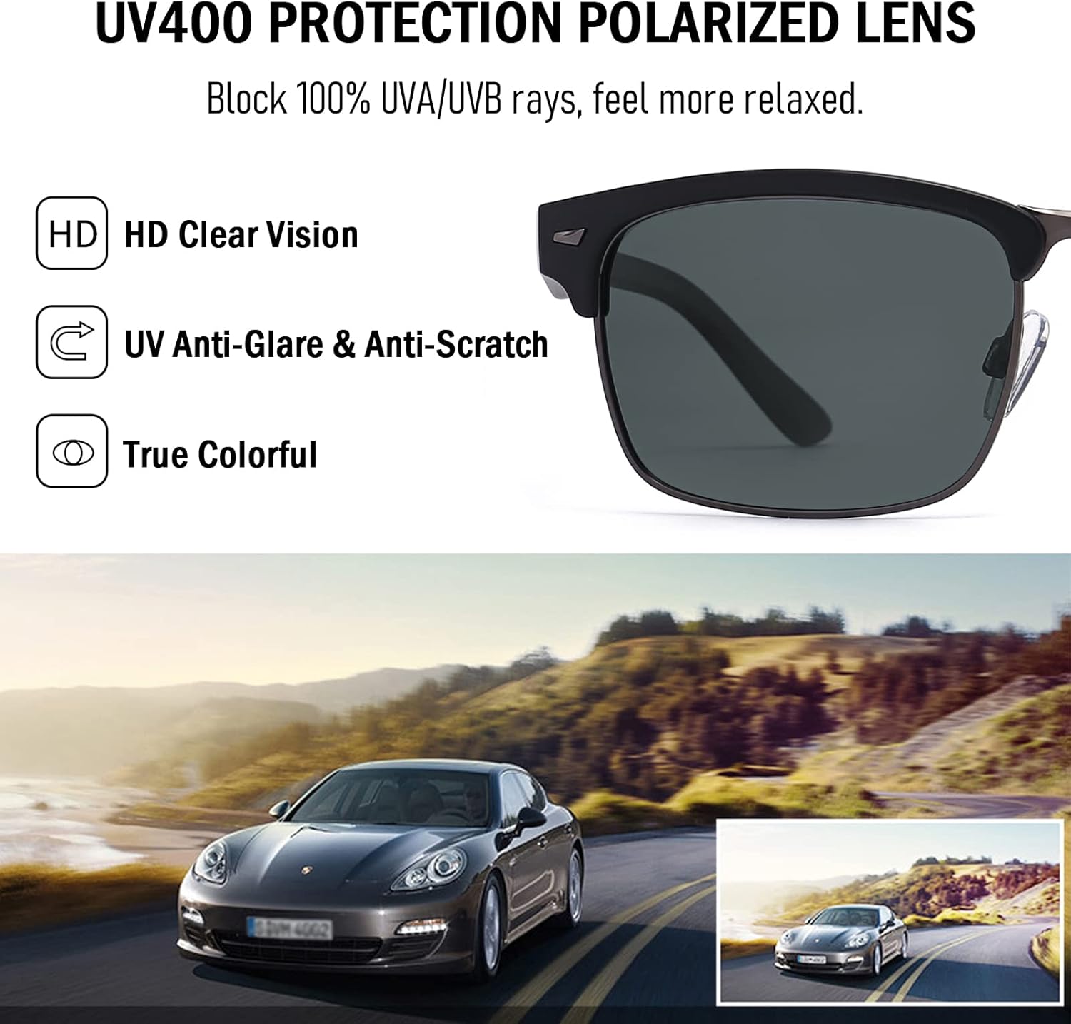 Dollger Polarized Sunglasses Men Half Frame Square Semi-Rimless Driving Sun Glasses Shades for Men UV400 Protection - Image 3