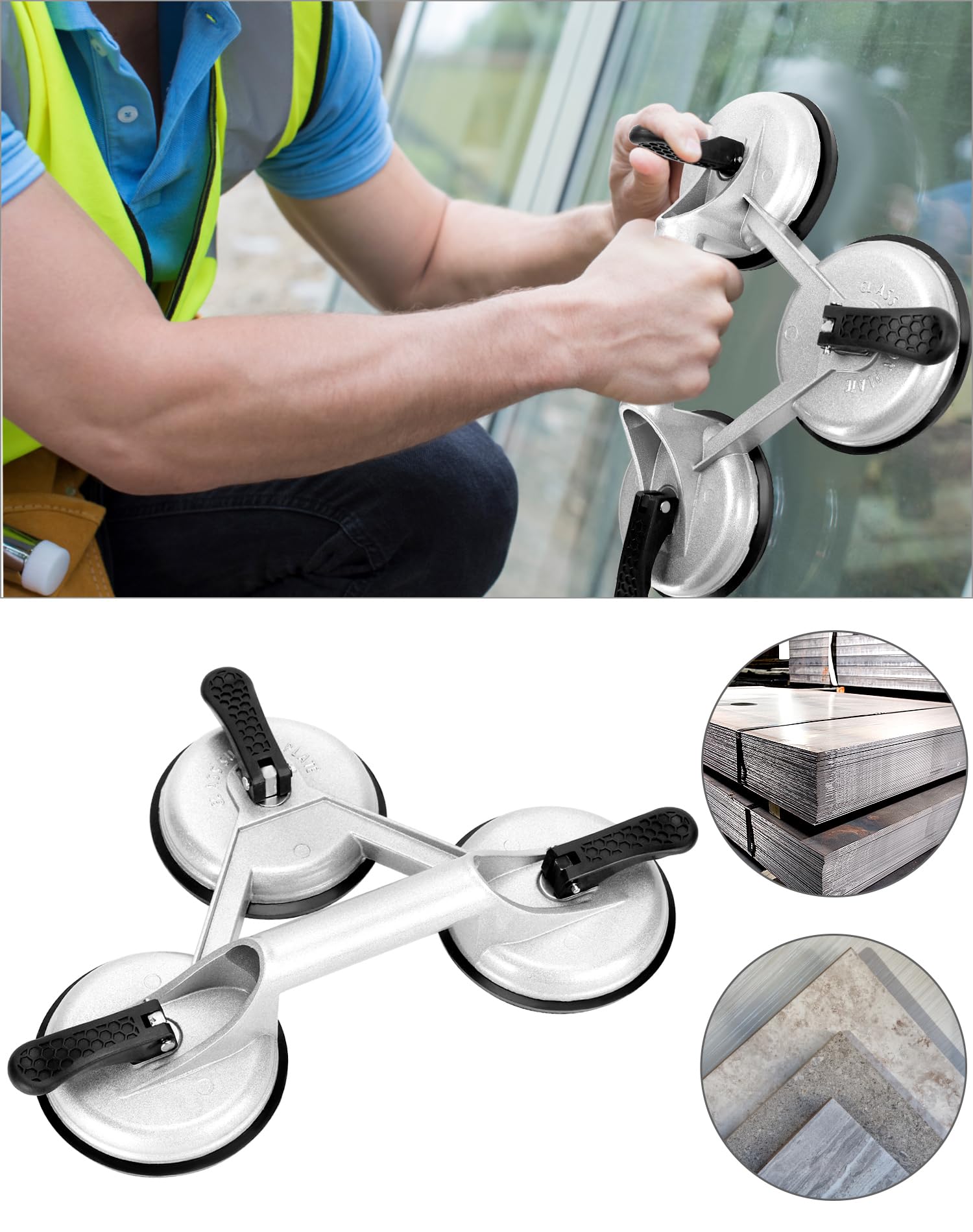 QWORK® Set di 2 Sollevatore con 3 Ventose Ø 120mm per Vetri, Piastrelle e Marmo, Maniglia in Alluminio, Capacità 180kg