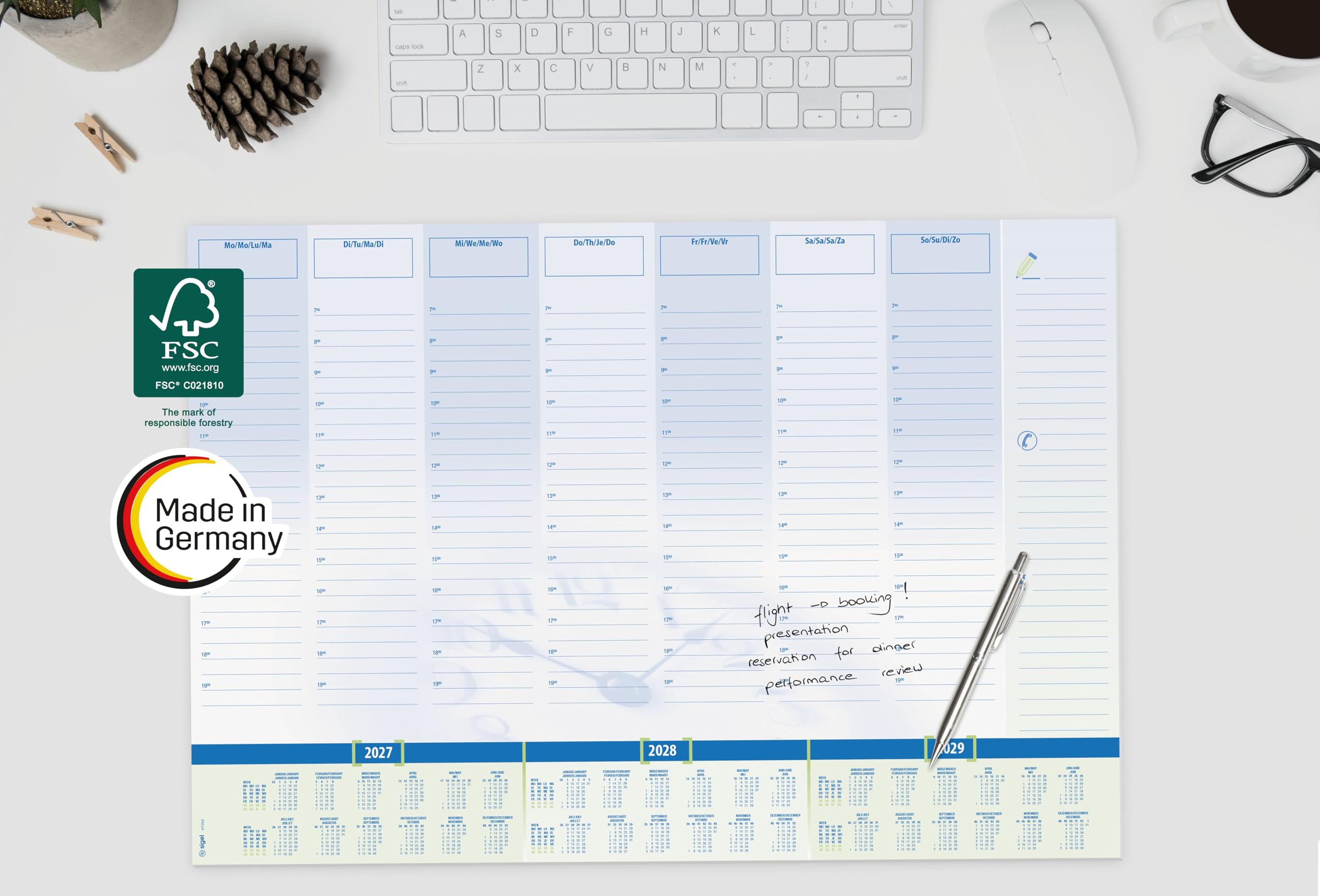 SIGEL Sous-main papier 2027/2028/2029 A2 | H7350/5, lot de 5, planning semainier avec grille horaire, bleu et blanc, 5 x 30 feuilles