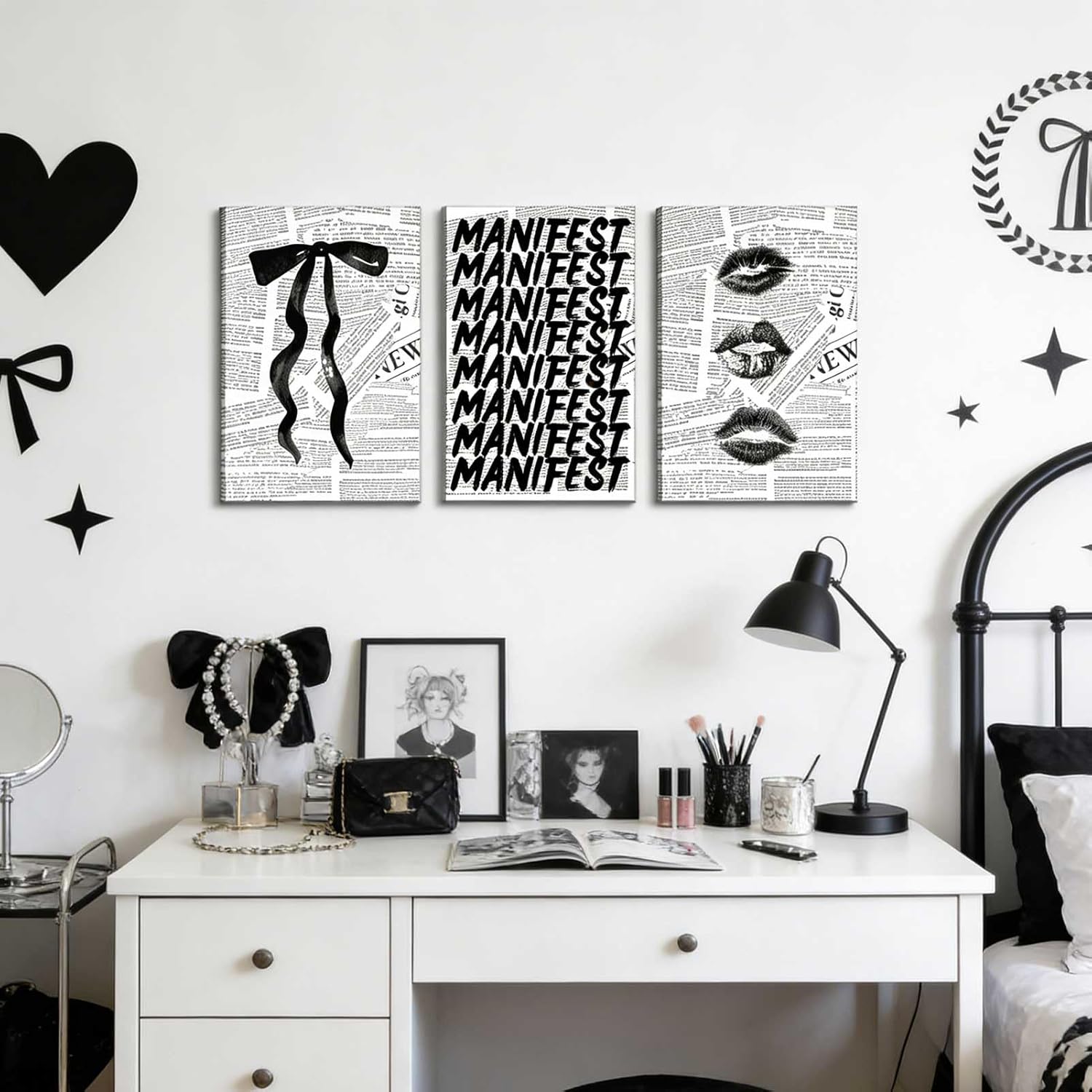 3Pcs Trendy Black and White Preppy Canvas Wall Art Retro Kiss Lips Bow and Manifest Pictures Wall Decor Funky Aesthetic Dark Coquette Posters Prints for Girly Apartment Dorm 16x24in