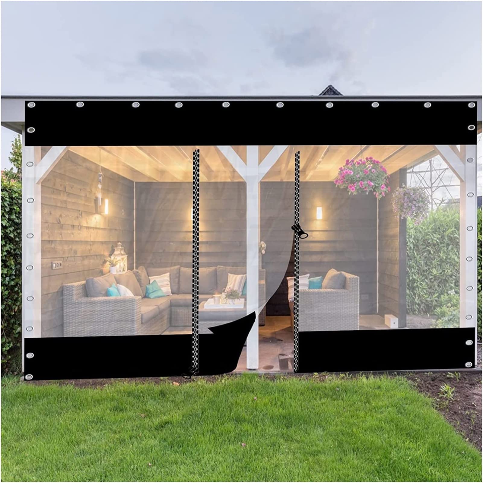 Pergola Pavillon Veranda-Vorhang mit transparenter wasserdichter Rolltür, strapazierfähige 0,5 mm PVC-Plane mit Ösen, Seitenteil für Schutz und Privatsphäre