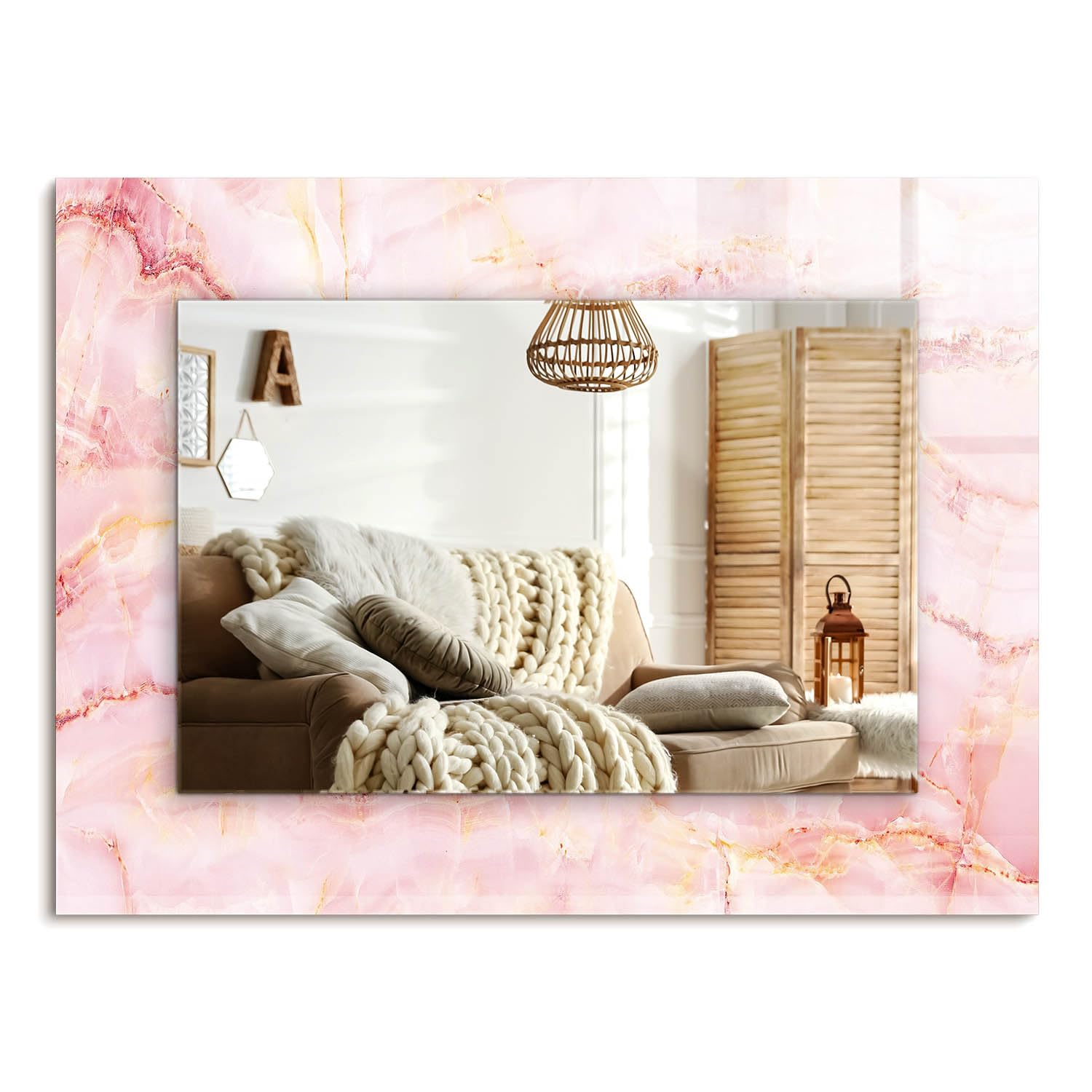 Współczesne szklane lustro 80 x 60 cm (31,5 cala x 23,6 cala) | Prostokątna dekoracja ścienna z nadrukowanym obramowaniem - wzór różowego marmuru