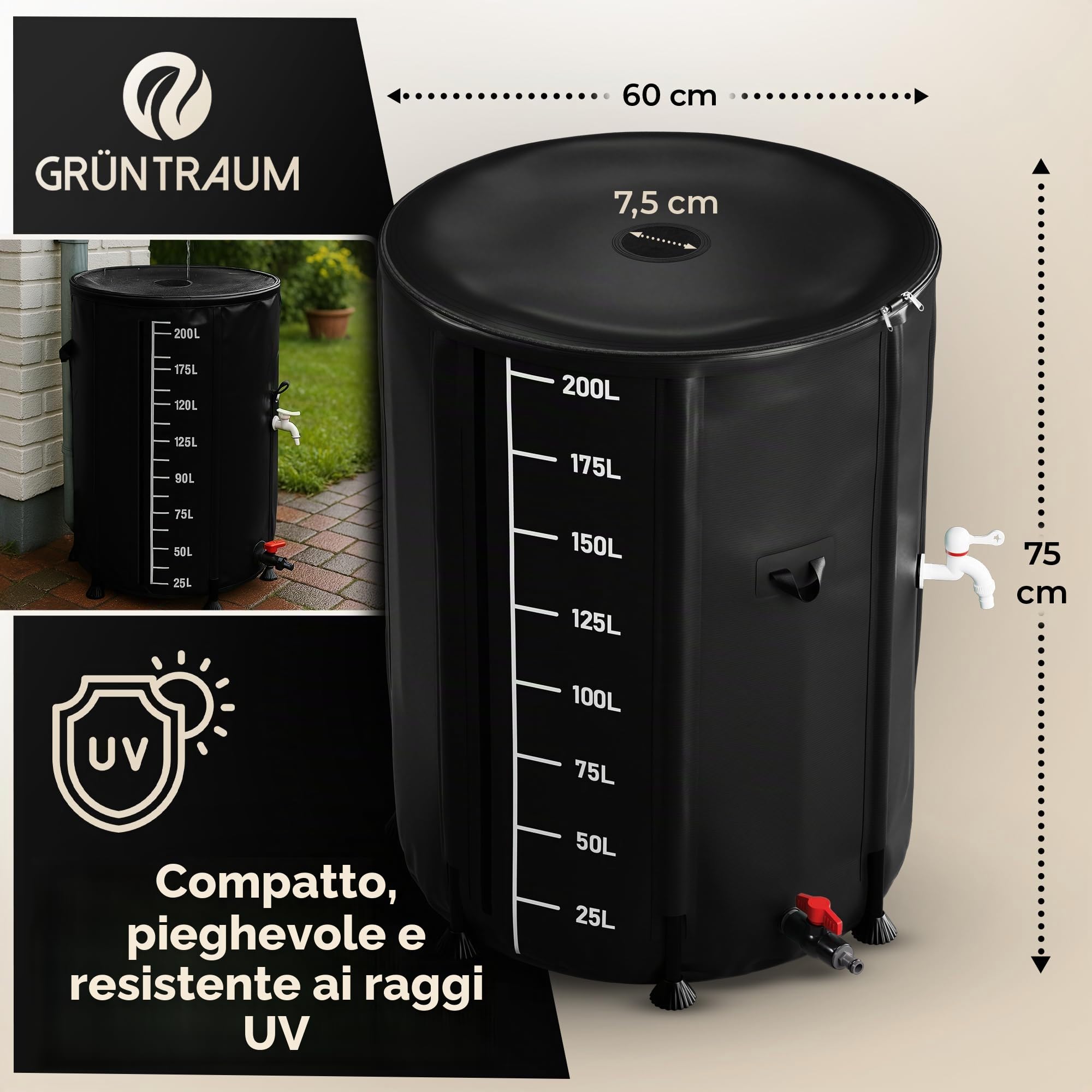 Serbatoio dell'acqua piovana pieghevole 200 l – Cisterna / Serbatoio per acqua piovana / Serbatoio d'acqua pieghevole – Fusto d'acqua stabile – resistente alle intemperie – con indicatore di