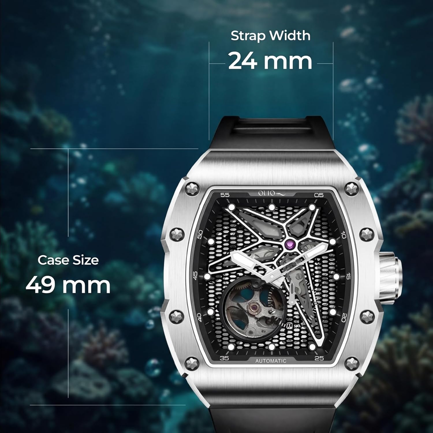 Men's Automatic Mechanical Watch, Design Reef Tonneau Luxury Skeleton Watches for Men