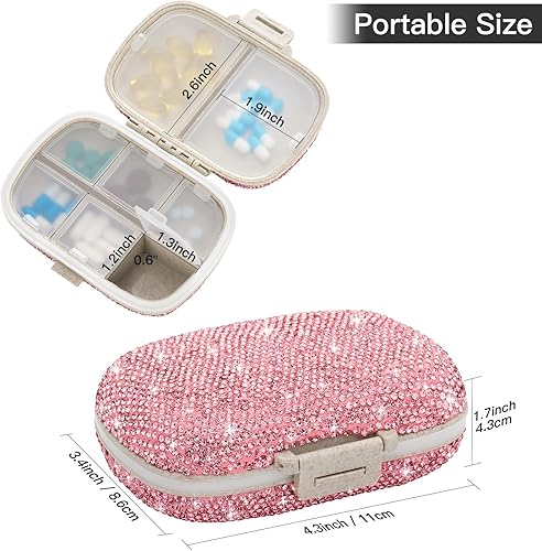 Miniatura 3 de Soleebee Organizador de píldoras diario portátil de 8 compartimentos, caja de píldoras de diamantes de cristal brillante, pequeño estuche de