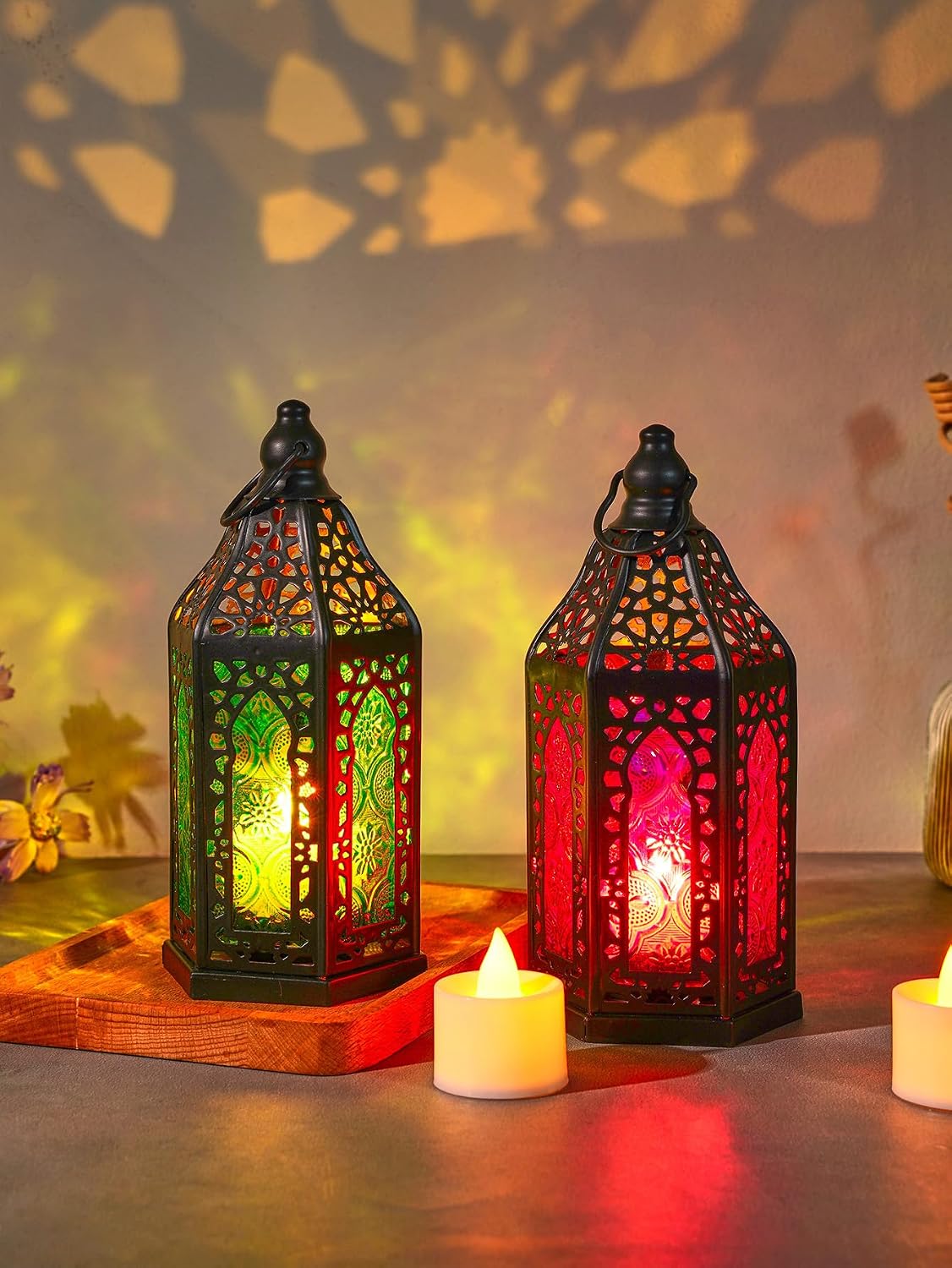 Moroccan Candle Lantern, 7 Inch Black Metal Lantern with Purple Glass
