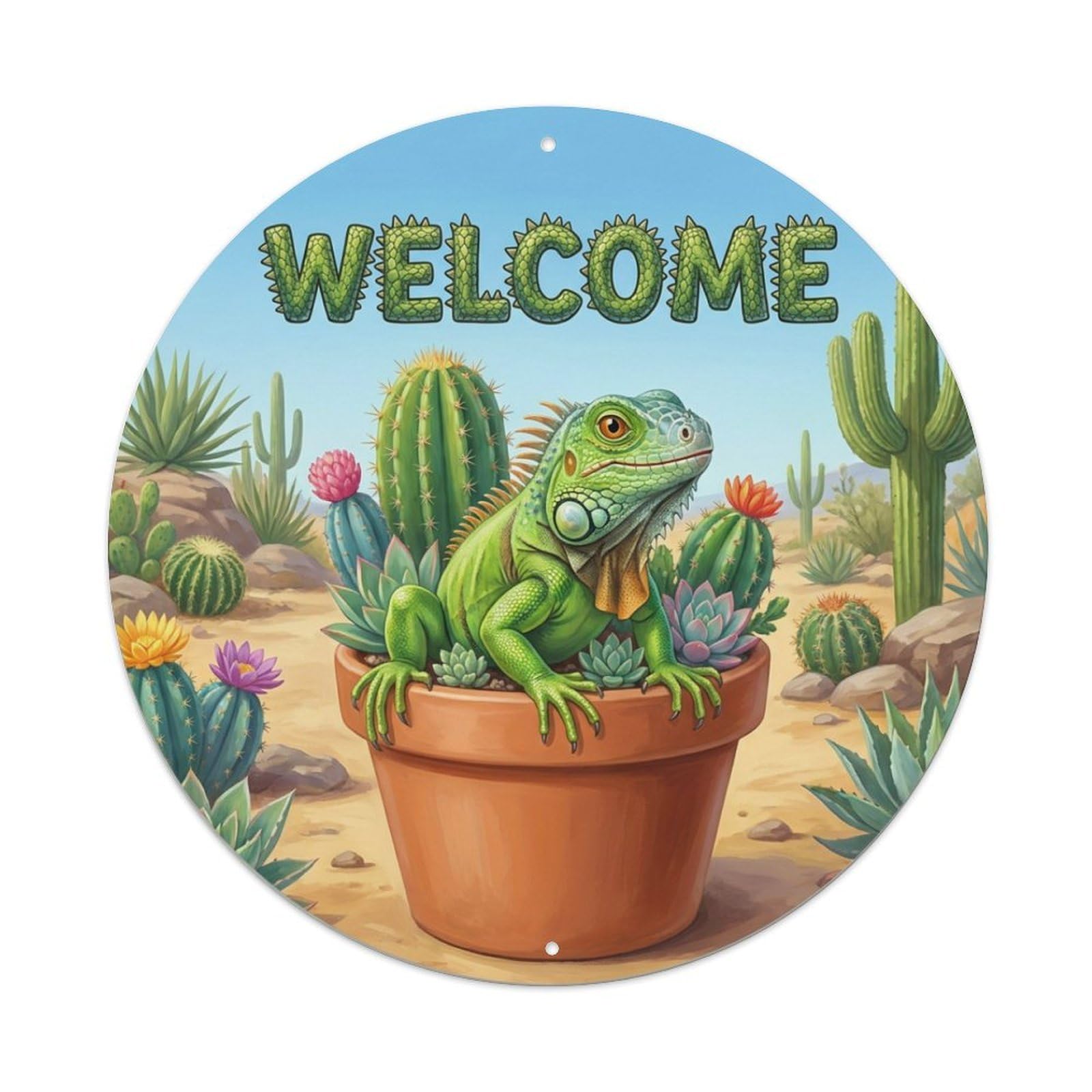 Welcome Iguana Cactus Garden Metal Tin Sign