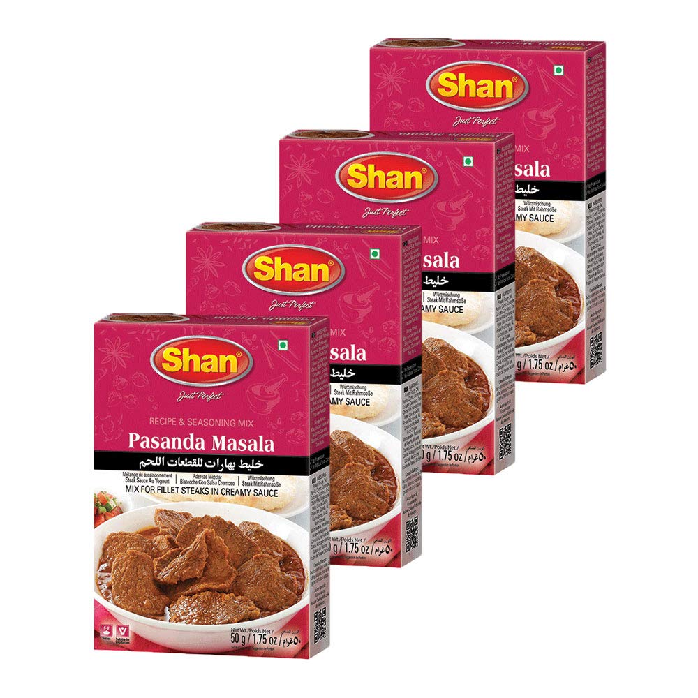 Shan Pasanda Recipe and Seasoning Mix 1.76 oz (50g) - Spice Powder for Fillet Steaks in Creamy Sauce - Suitable for Vegetarians - Airtight Bag in a Box (Pack of 4)
