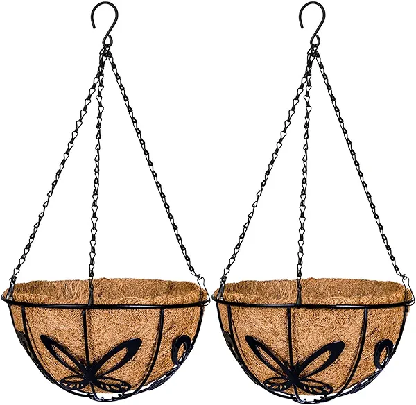 Kingbuy Metal Hanging Planter Basket with Coconut Fiber Liner Chain Wire Plant Holder 10 Inch Flower Pot for Indoor Outdoor Decor, Butterfly Pattern, 2 Pack 10 Inch Butterfly