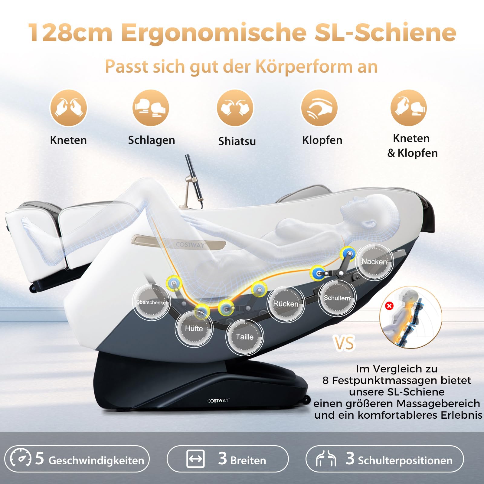 COSTWAY Massagesessel, Zero Gravity SL Track Shiatsu Massagestuhl Heizung & Luftdruckmassage, Ganzkörpermassagesessel mit 12 Automatik-Modi & Fernbedienung, Elektro Relaxsessel für Zuhause (Weiß)