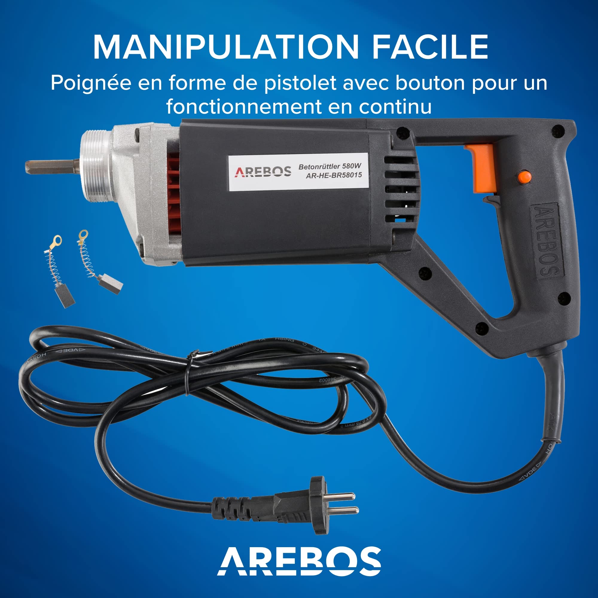 Arebos Vibrateur à Béton Interne Cylindrique Vibrante Pour Beton | 580W | 1,5m | Poignée Pistolet | Portable