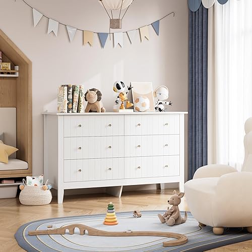Miniatura 3 de FOTOSOK Cómoda blanca, cómoda de cajones, cómodas modernas de 6 cajones con cajones profundos, cómoda de guardería para bebé, gabinete organizador