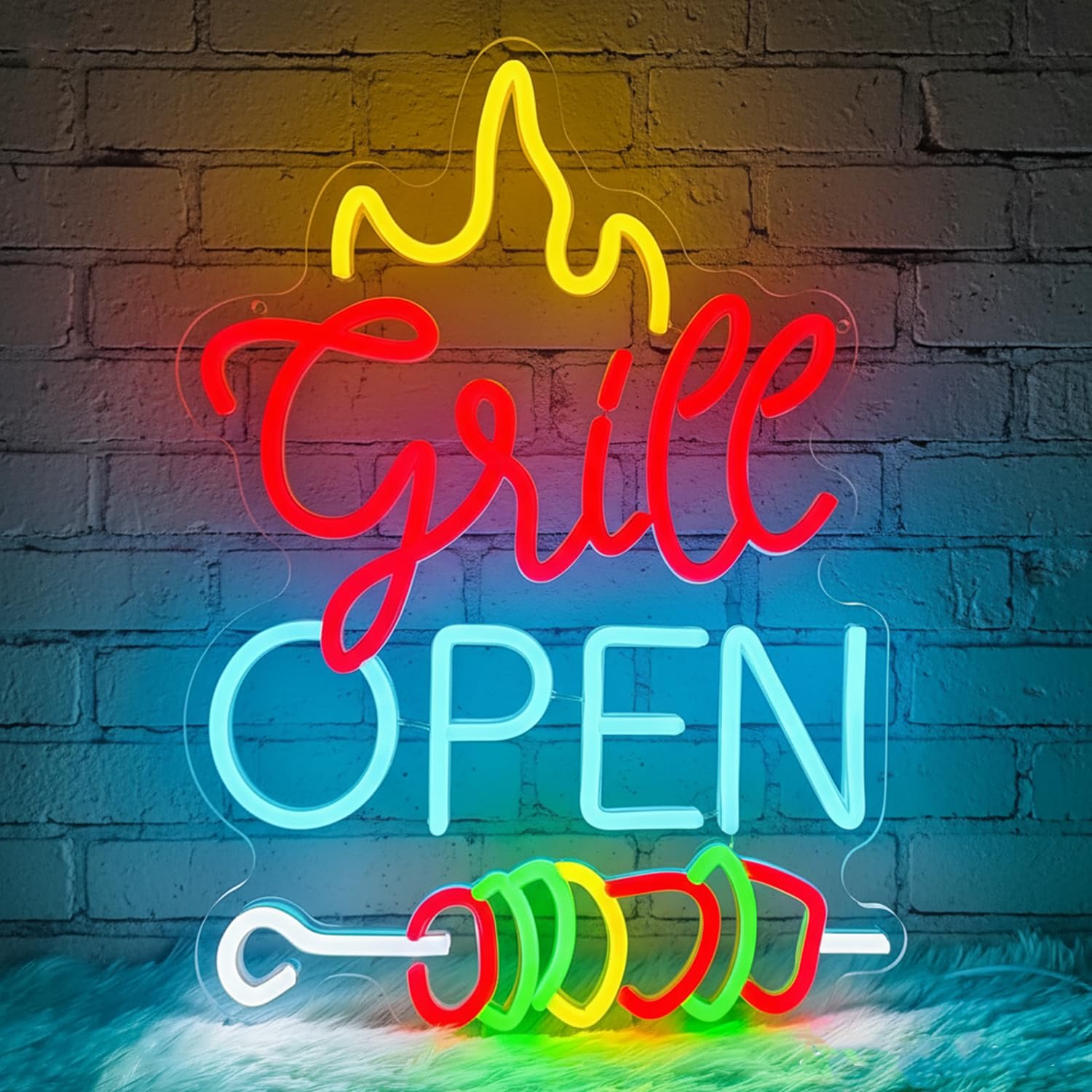 Lxmoneon Grill Open Neon Light Sign, Colorful BBQ Led Neon Signs for Wall, Dimmable Kebab Shop Open Sign, USB Barbecue Neon Light for BBQ Shop Bar Beer Pub Restaurant Man Cave Party Decor — image 1