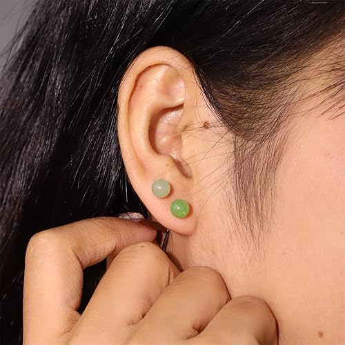 Miniatura 4 de ALEXCRAFT Genuine Jade Earrings for Women 2 Pairs Green Gemstone Earrings 6mm Small Stud Earrings Hypoallergenic Green Ball Stud Earrings Spring