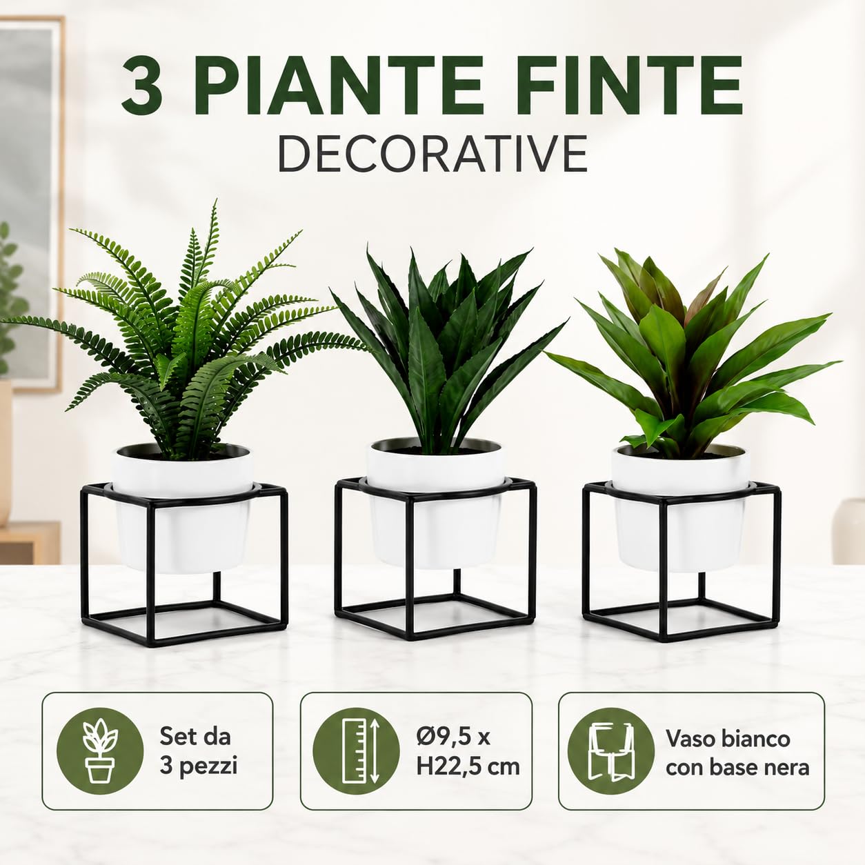 Generico Plantas artificiales decorativas con maceta blanca y base negra, 3 unidades Ø9,5 x H22,5 cm | Plantas artificiales de interior para casa, oficina, estantería, baño, salón y dormitorio