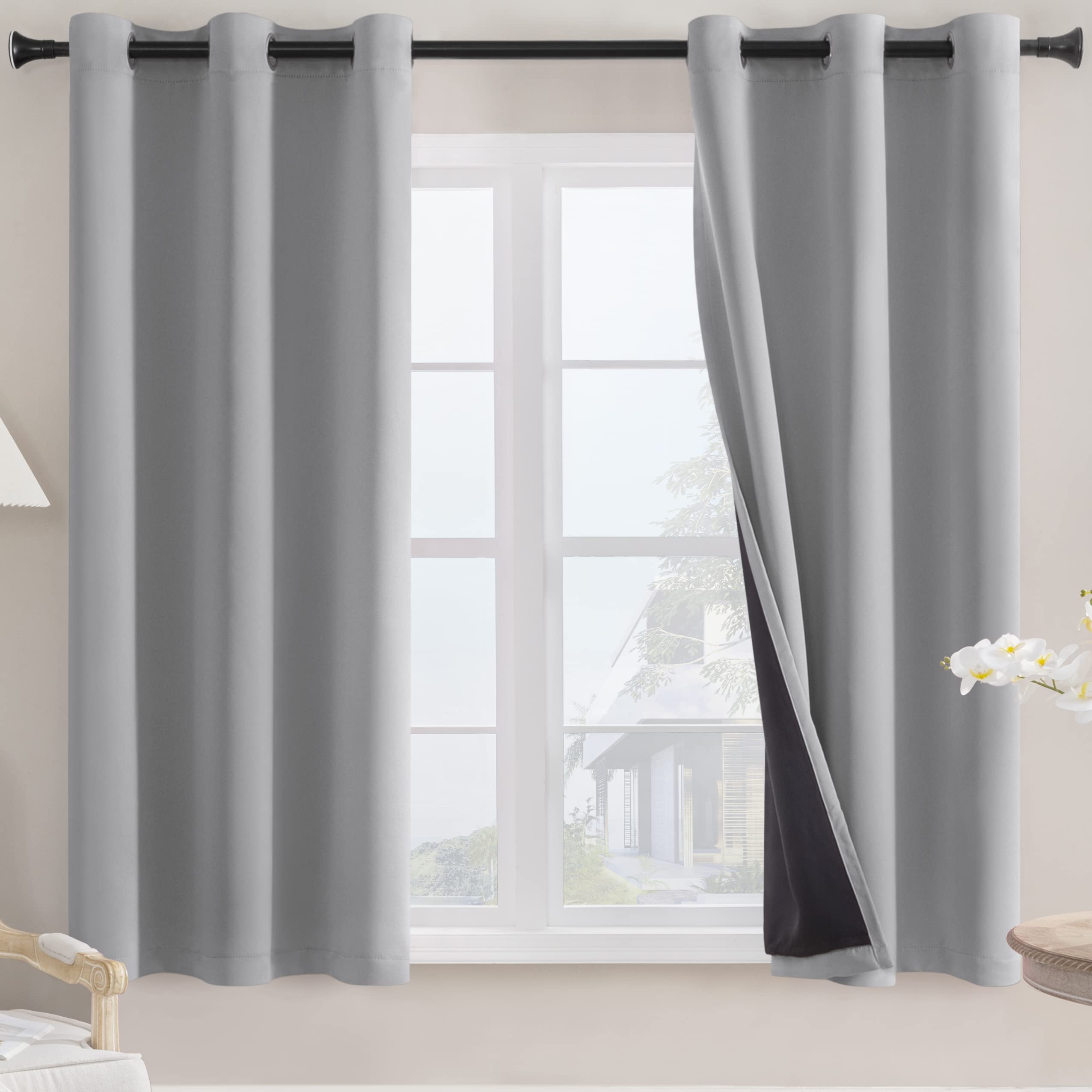 Rutterllow Total Blackout Curtains 2 Panels - Thermal Insulate Double Layer with Black Liner for Bedroom, Grommet Top (42 by 63 inches, Ultimate Grey)