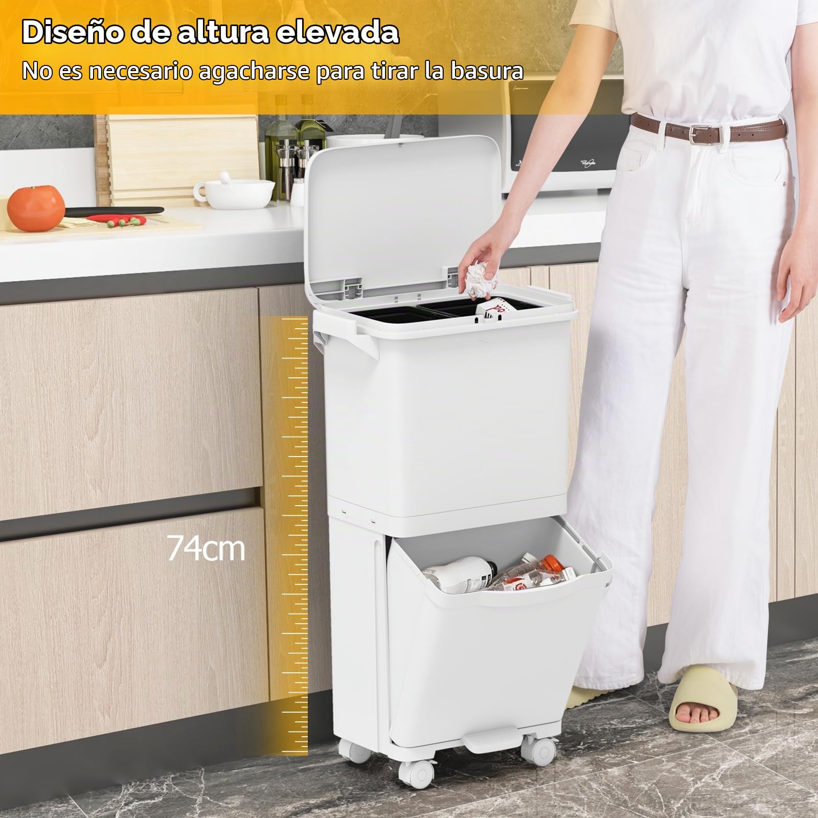 GIANTEX Cubo de Basura de Cocina 36 L, Papelera de Reciclaje con 3 Compartimentos, Pedal, Tapa y Ruedas, 3 Cubos Extraíbles, 42x29x74cm, Contenedor PP para Comedor, Oficina, Baño