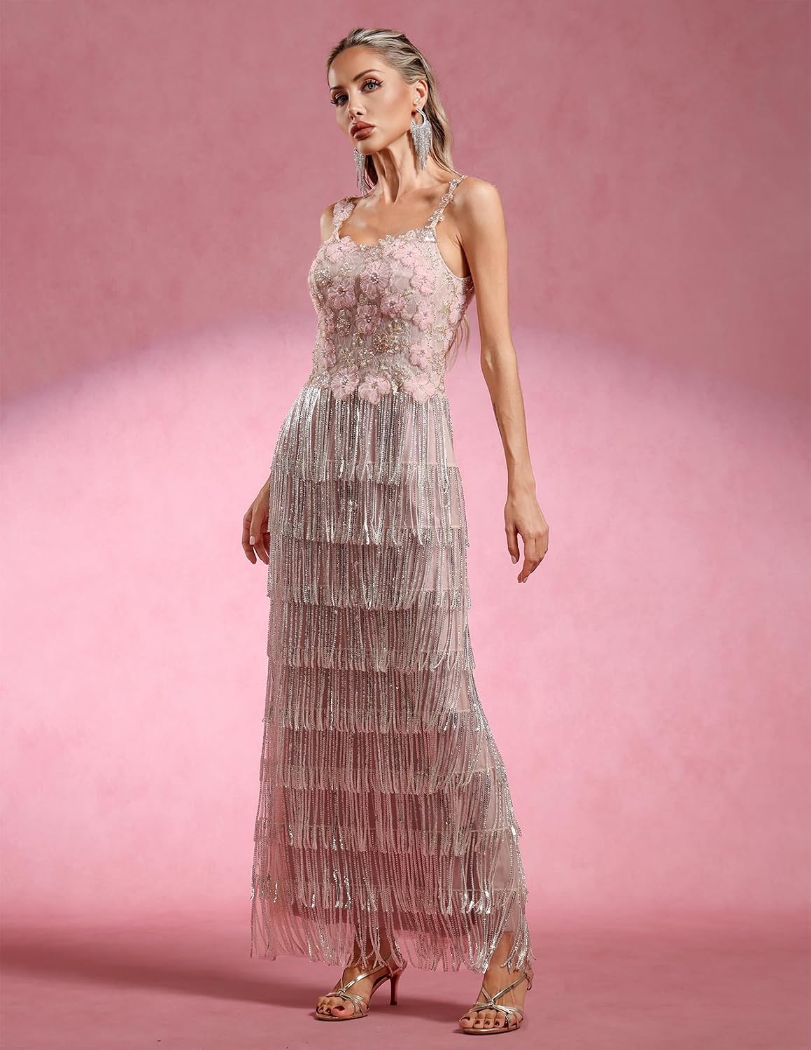 Summer Pink Charming Maxi Spaghetti Strap Mesh Sequin Dress Floral Pearl Beads Tiered Fringe Dress for Women Party Prom