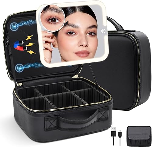 JJhxr Bolsa de maquillaje con espejo iluminado desmontable magnético, Negro -, Bolsa de maquillaje con espejo desmontable magnético