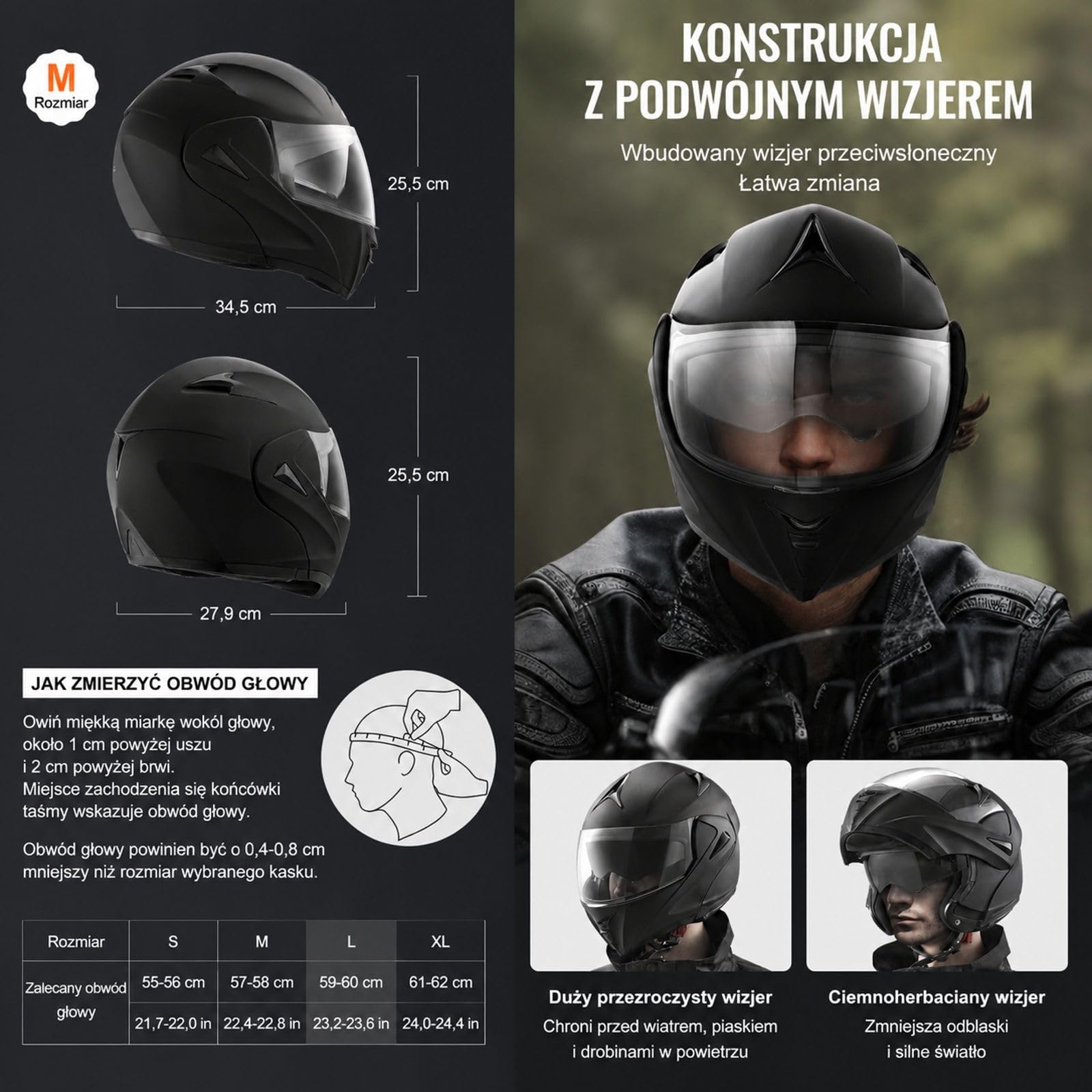 Czarny kask motocyklowy bez maski, skorupa ABS, wymienna szybka do motocrossu i jazdy