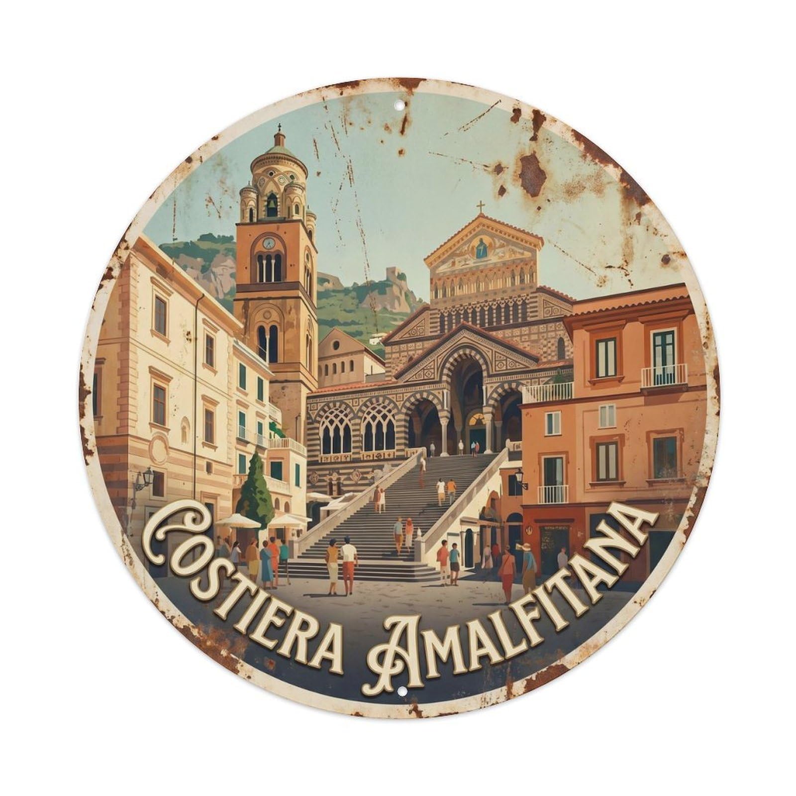 Vintage Travel Amalfi Coast Cathedral Landmark Heritage Seaside Metal Tin Sign Plaque Wall Decor for Cafe, Man Cave, Club Bar, Office, Home Garden Round Metal Poster 8x8Inch