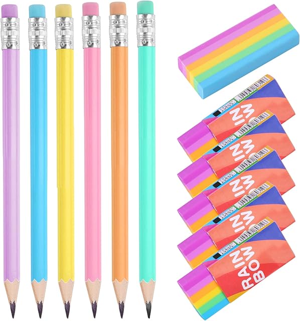 Rubbers and Pencils Set, 12 Pcs Plastic 2B Eraser and Triangle Pencil, Cute Rubbers/HB Pencils with Rubber/Pencil Eraser for Kids School Home Office Handwriting and Drawing (Colored)