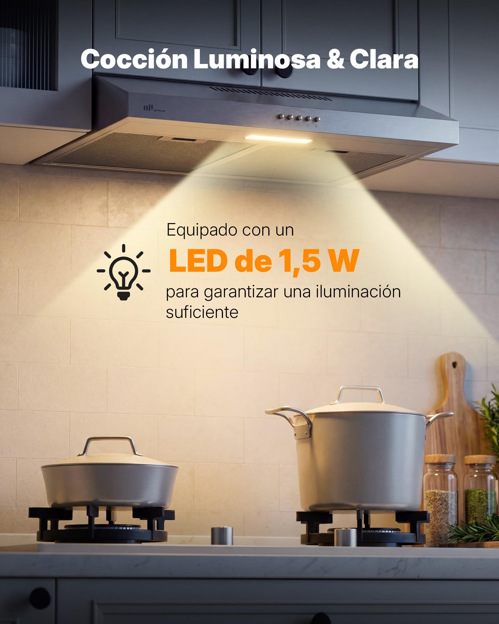 Upstreman Campana Extractora 60 cm，Classe A+++, 3 Niveles Recirculación (220 m³/h), Extraído & Recirculado con Filtro de Carbón,61 dB, iluminación LED 1,5 W, Acero Inox, HU60