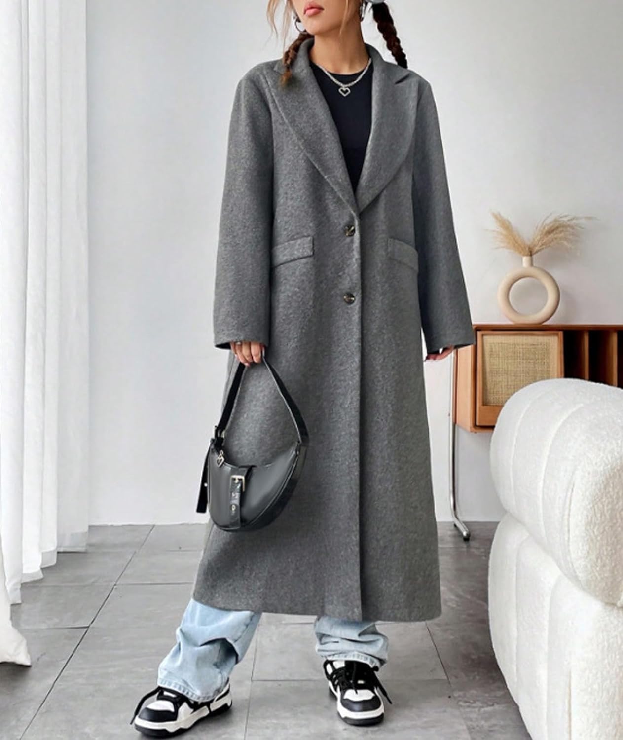 ECDAHICC Womens Casual Long Wool Blend Coat Single Breasted Trench Coat Fall Winter Overcoats with Pockets