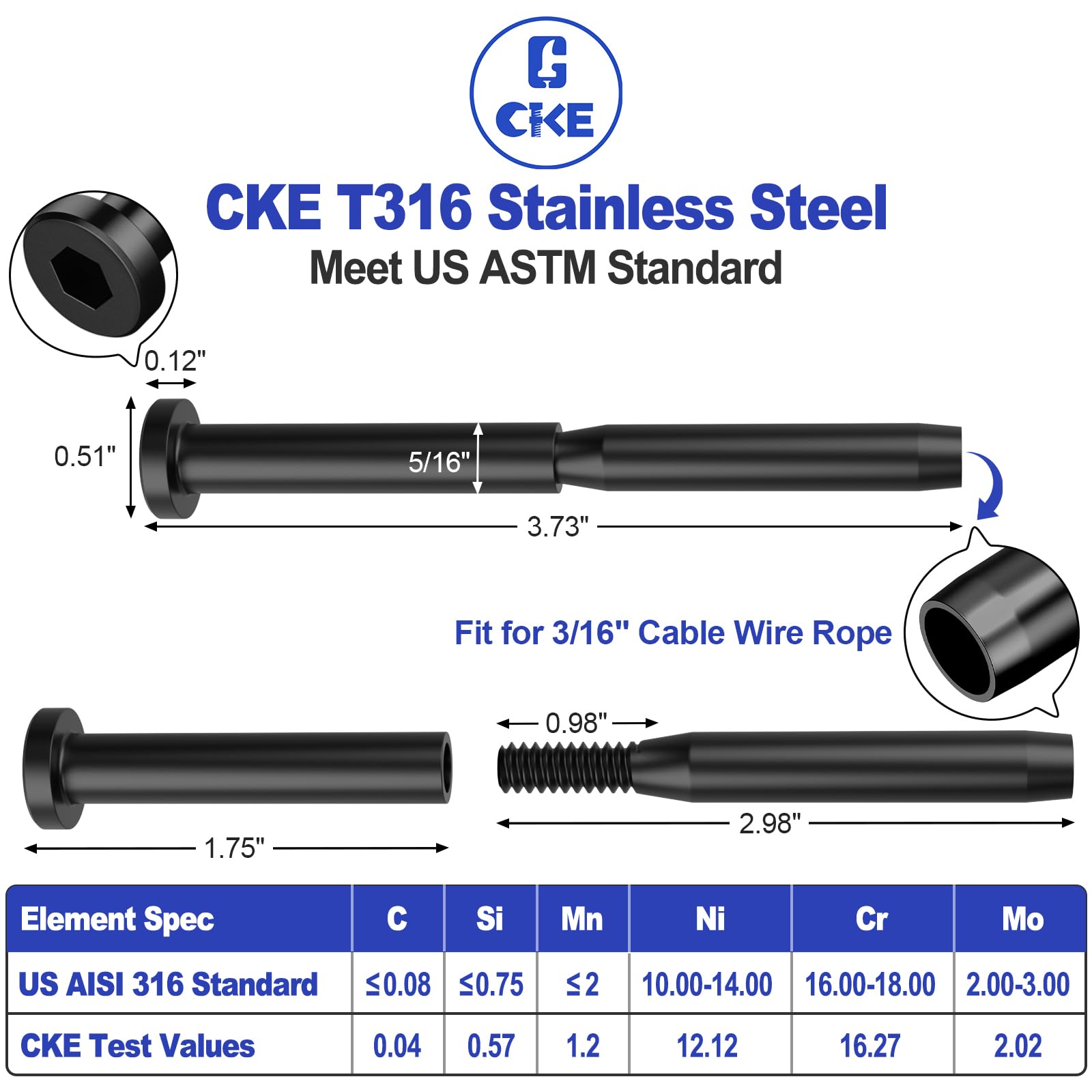 CKE Confezione da 20 kit di ringhiere invisibili per cavi neri, terminale tenditore a pressare in acciaio inossidabile T316 per sistema di ringhiere per cavi da 1/8", ricevitore invisibile e hardware