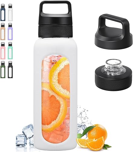 Kodrine Botella de agua con tapa para chug, botellas de agua de vidrio de 32 onzas con asa superior, botella de agua reutilizable con tapa de pico