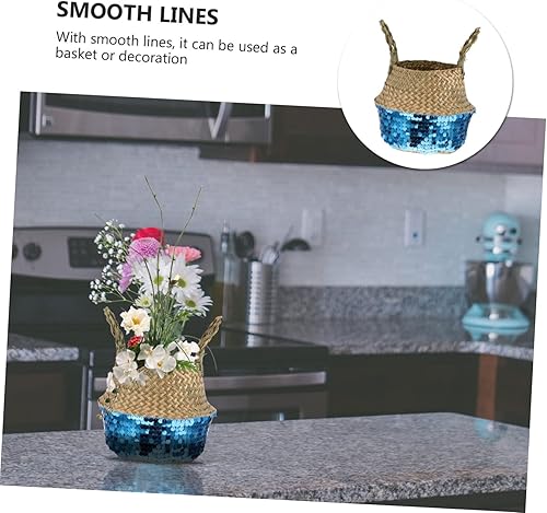 Miniatura 5 de HOMSFOU Cesta de almacenamiento de paja, cesta de mimbre tejida para lavandería, cesta de té, contenedor de comida para bebés, cesta de flores hecha