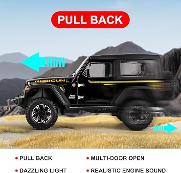 TGRCM-CZ 1:24 Scale Wrangler Toy Model Car with Sound & Light, Off-Road Vehicle with Pull Back Function & Openable Doors - Realistic Details for Collectors & Gifts Black