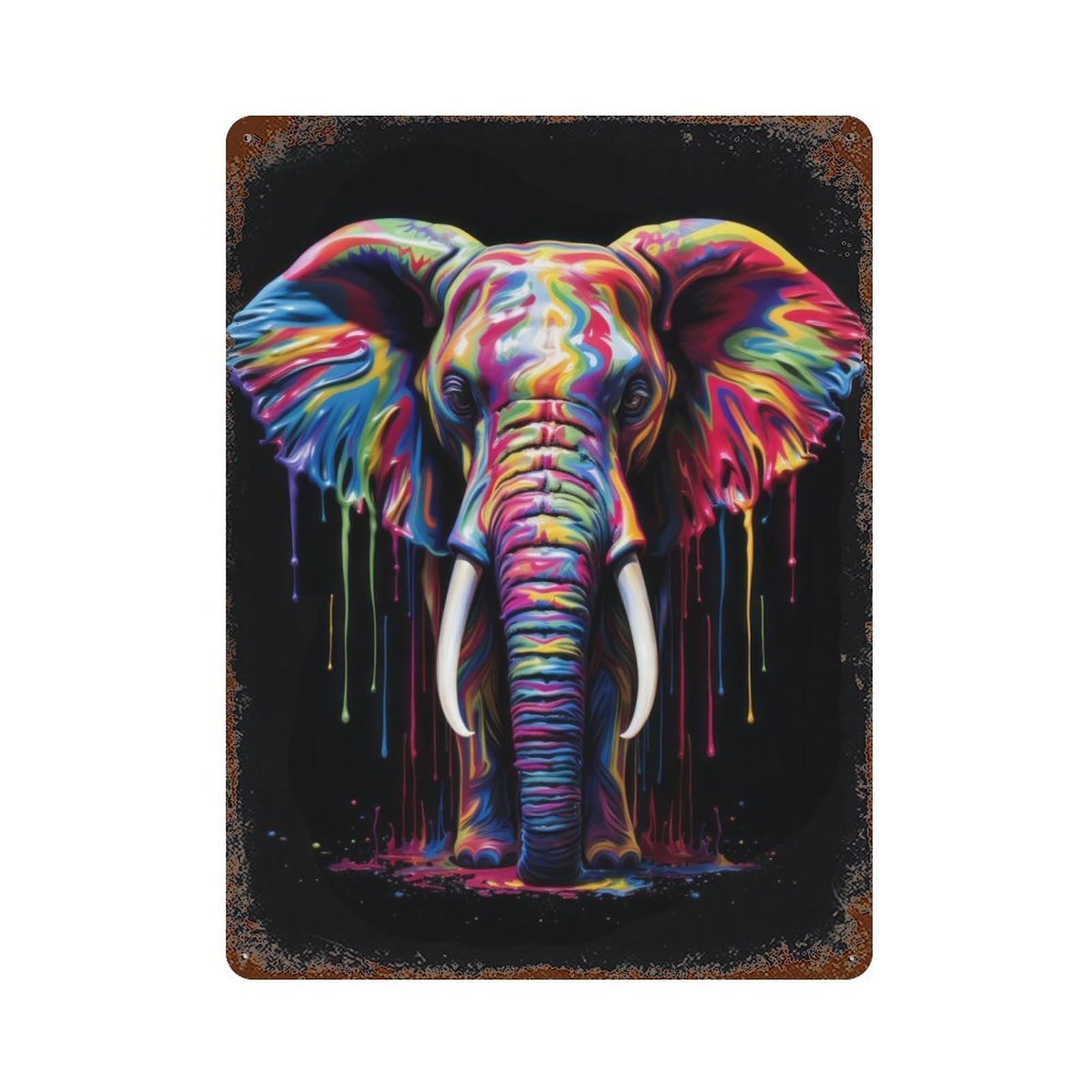 Rainbow Elephant Rustic Tin Plaque 15.7"x11.8", for Living Room, Hallway And Home Decor, Decorative Metal Wall Art