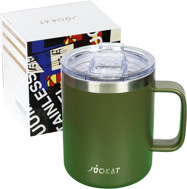 JVOKAT Stainless Steel Insulated Coffee Mug, 12 oz Travel Coffee Mug, Double Wall Vacuum Insulated Coffee Cup with Handle, Thermal Tumbler with Spill Proof Lid, Insulated Camping Mug (Amy Green)