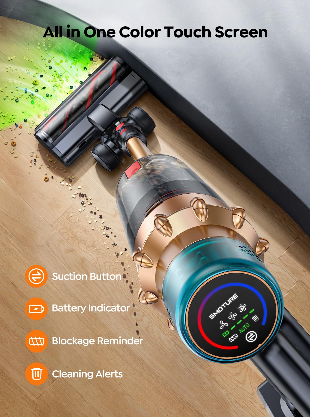 SMOTURE Kabelloser Staubsauger, 600-W-Motor, 50 kPa Saugleistung, kabelloser Stabstaubsauger mit 65 Minuten Laufzeit, LED-Touchscreen, kabelloser Staubsauger für Hartböden/Teppiche/Tierhaare