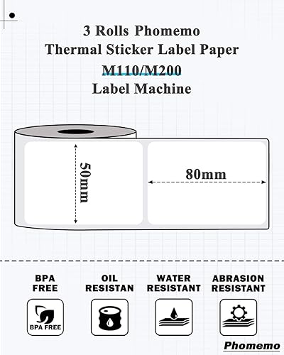 Vista 17 de 3 rollos de etiquetas térmicas para Phomemo M110/M221/M220/M120/M200/M110S, 1.18 x 0.79 pulgadas, cinta autoadhesiva para código de barras, código