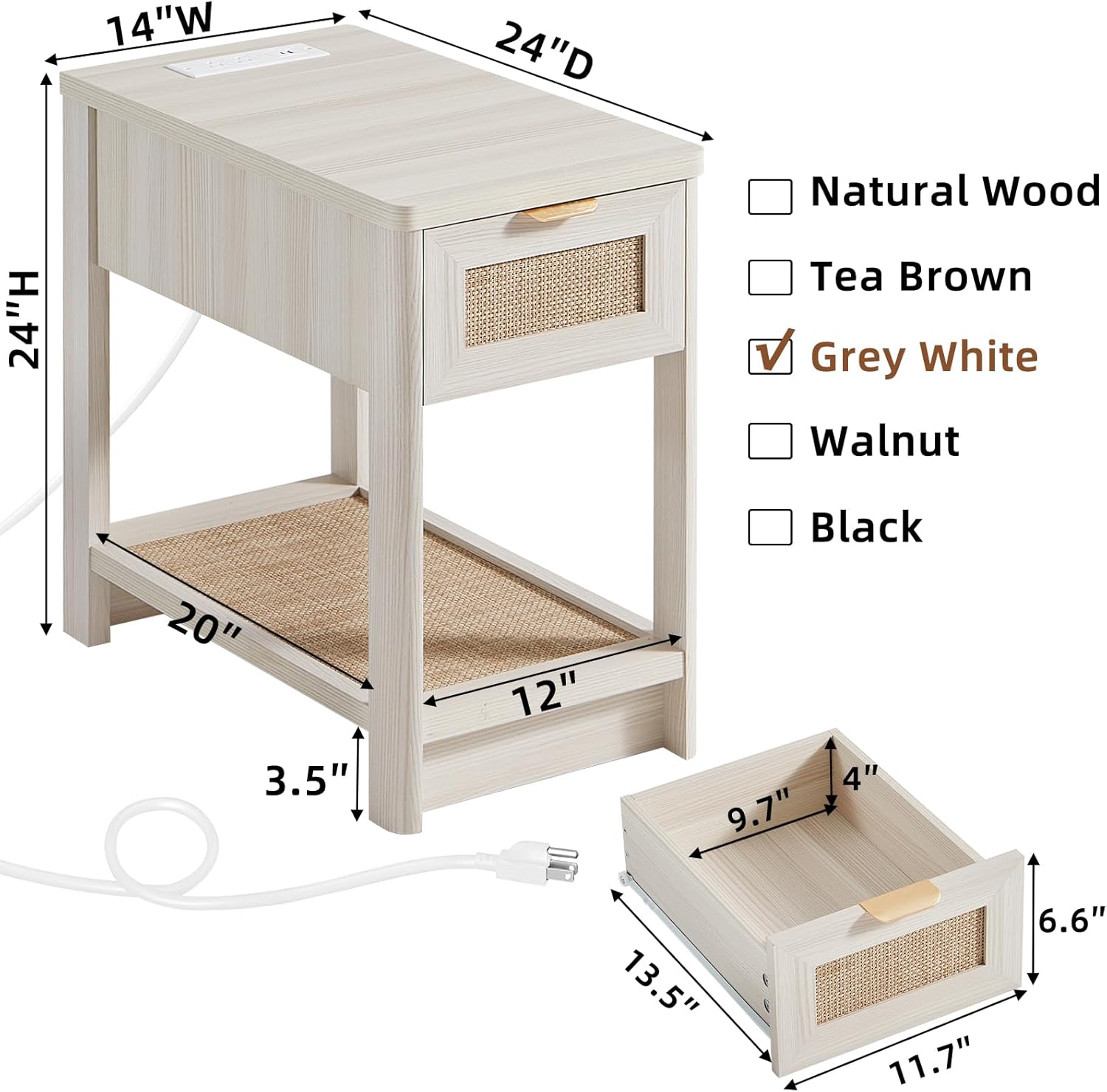 Lerliuo Narrow Night Stand with Charging Station, Boho Nightstand with Drawer, Bed Side End Table with Rattan Shelf for Small Spaces, Wood Nightstands Bedside Tables for Living Room Bedroom