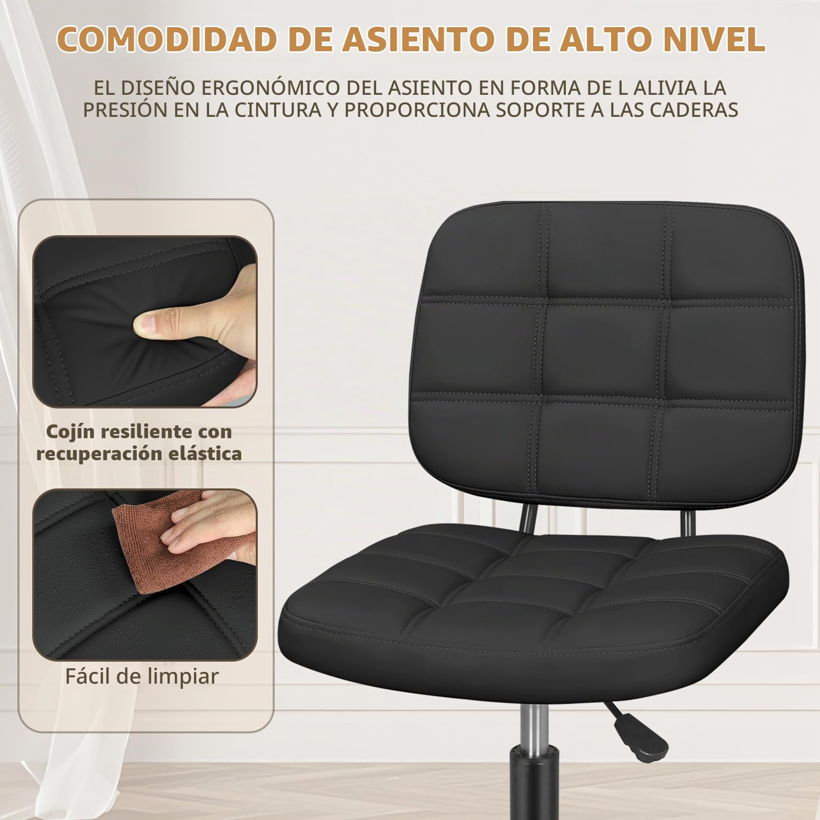Silla de Oficina Sin Brazos con Ruedas, Giratoria y Ajustable | Silla compacta sin brazos, con altura ajustable, ruedas 360° y cuero sintético para oficina, escritorio o tocador