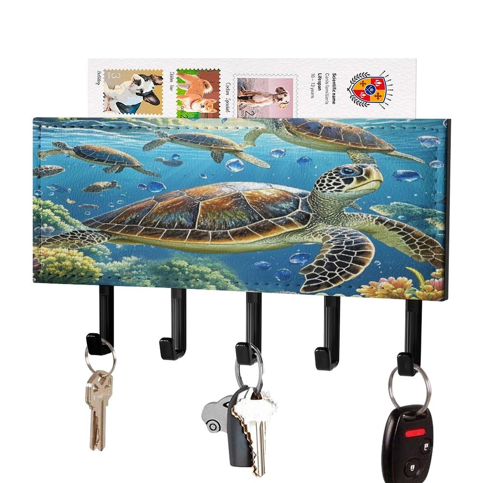 Fekiloot Black-Style Sea Turtles Diamond Painting Key Holder Wall Mount Key And Mail Holder Key Hanger With 5 Hooks Decorative Pu Key Rack Hanging Key Hooks For Wall Living Room Kitchen Bathroom Hallway