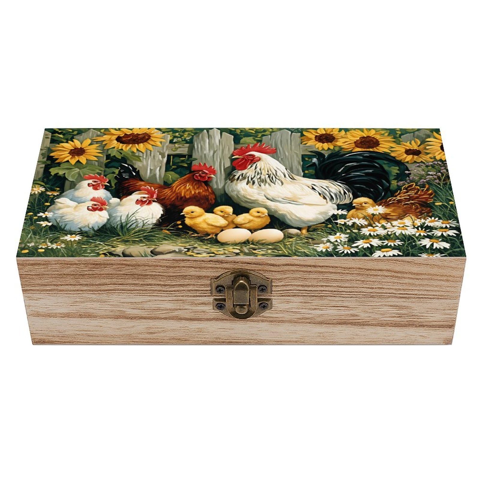 SMAZDFXX Chicken Sunflower Garden Rooster Chickens Eggs Flowers Wooden Keepsake Box Vintage Solid Wood with Hinged Lid 7.9"×3.7"×2.3" Metal Latch Rustic Home Decor for Jewelry Photos And Trinkets