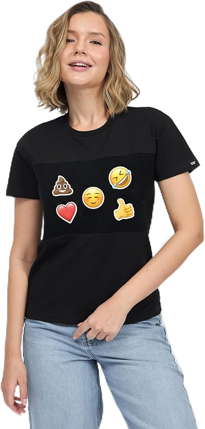 Black Velcro Patch Shirt for Women - L with Emoji Flag Sticker Set, Customizable Velcro Patch Area for Fun Expressions