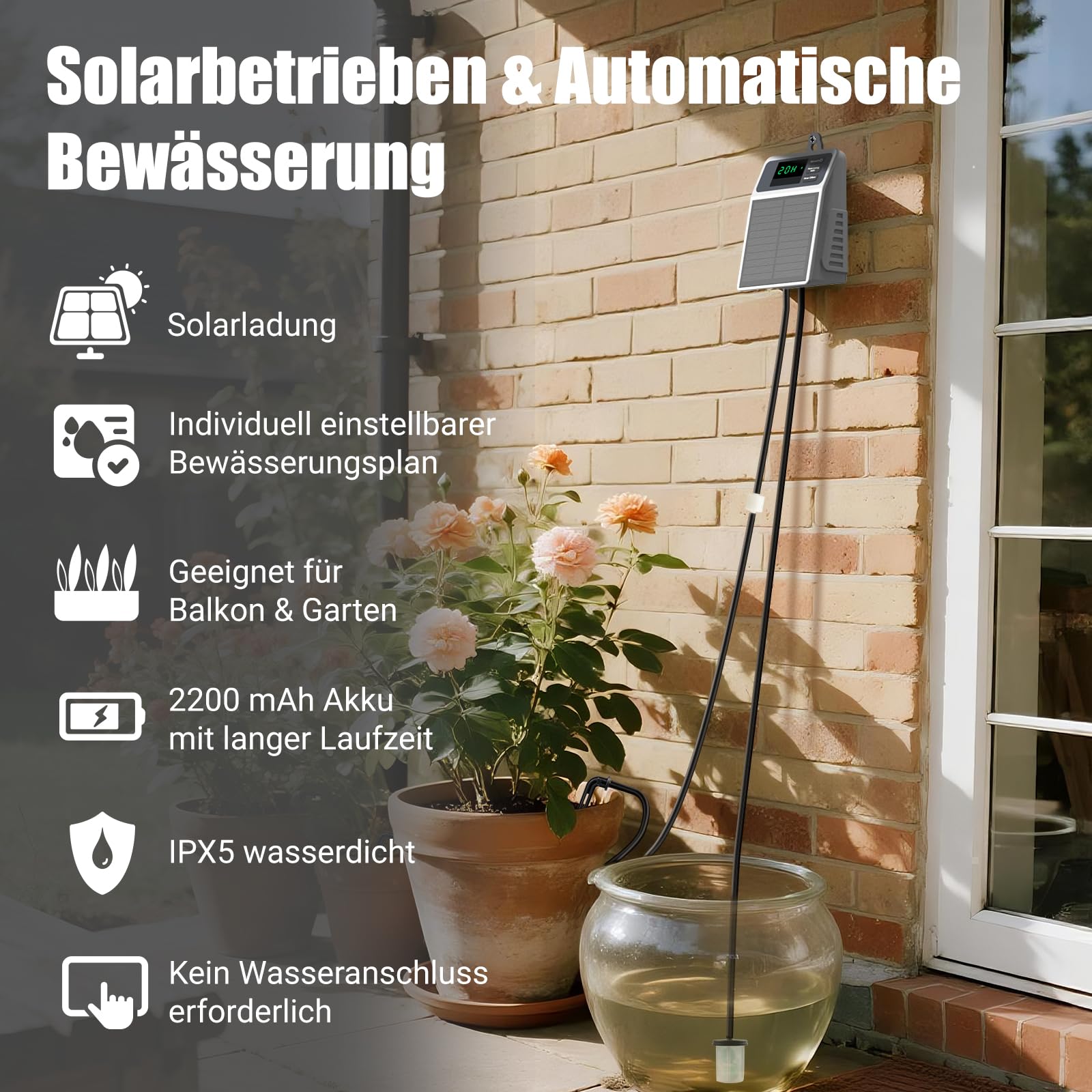 Uzoli SOP17 Solar Bewässerungssystem Garten mit 2200 mAh Akku | Automatische Tropfbewässerung mit 10m Schlauch • Einfach zu bedienen • Ideal für Balkon, Hochbeet, Gewächshaus, Topfpflanzen