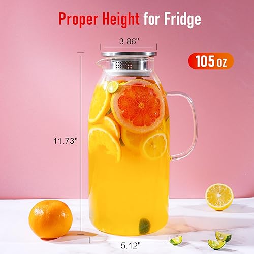 Miniatura 4 de Jarra de vidrio grande de 105 onzas con tapa, jarra de agua de vidrio con asa y tapa, jarra de bebidas con tapa para fiestas, jarra de té helado