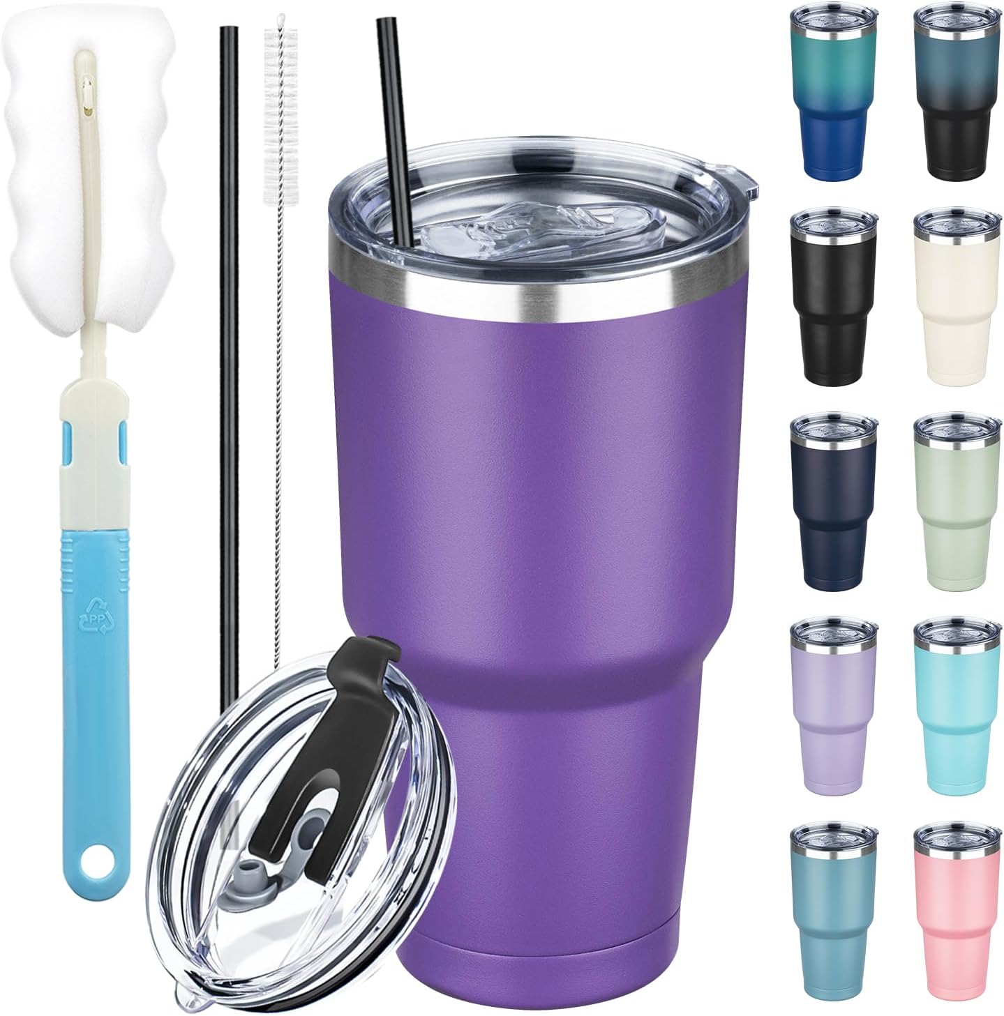 30 oz Tumbler with Lids and Straws, Stainless Steel Insulated Coffee Tumbler, Double Wall Vacuum Insulated Travel Mug Cup, Leakproof Thermal Coffee Cup for Hot and Cold Drinks (Purple)