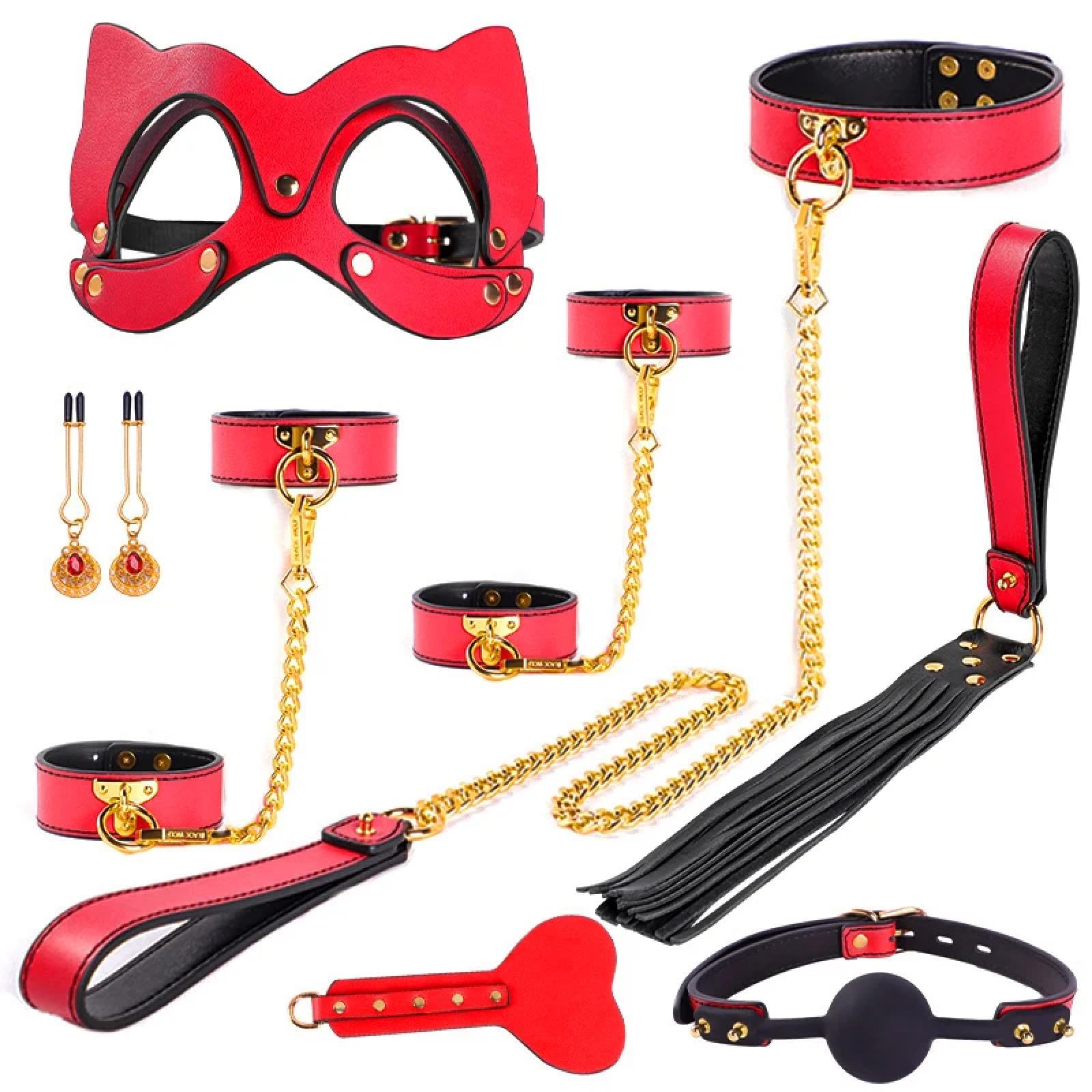 Bõndägë Set Set bondage in vera pelle rossa BDSM Kit di giocattoli sessuali Manette di ritenuta Collare Gag Frusta Prodotti erotici Donne Coppie