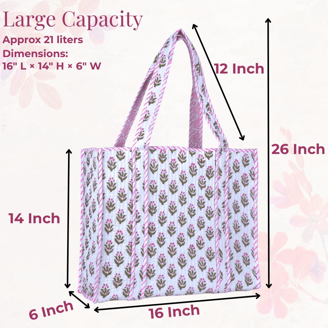 Tragetasche für Damen, Einkaufstasche, groß, gesteppt, Baumwolle, wiederverwendbare Strandtasche, Arbeitstasche für Damen, florale Reisetasche, stilvolle Schultertasche, übergroße gesteppte
