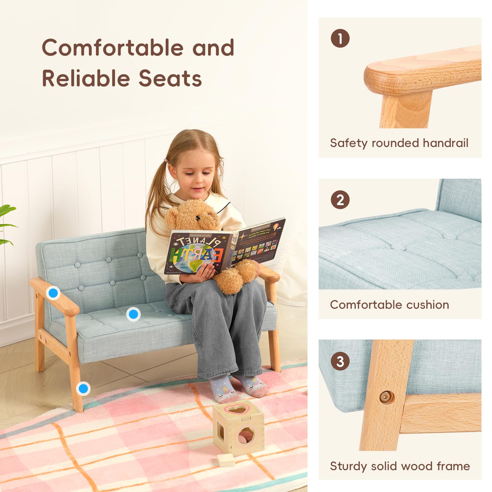 OOOK Kids Sofa Couch, Upholstered Kids Couch, Toddler Armchair with Wooden Armrest, Toddler Chairs Comfy 3-5 for Playroom, Bedroom, Nursery