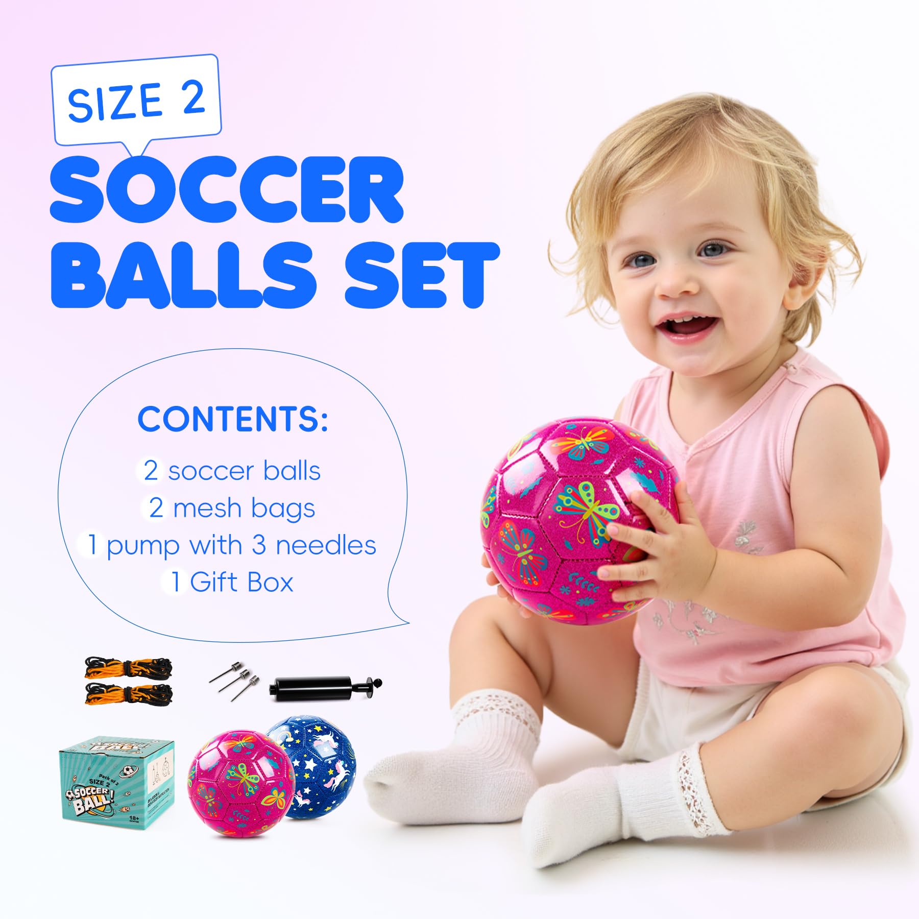U&C Planet 2 Pack Size 2 Football for Kids Ages 1-6 Unicorn & Butterfly Design Includes 1 Hand Pumps & Mesh Bags - Image 2